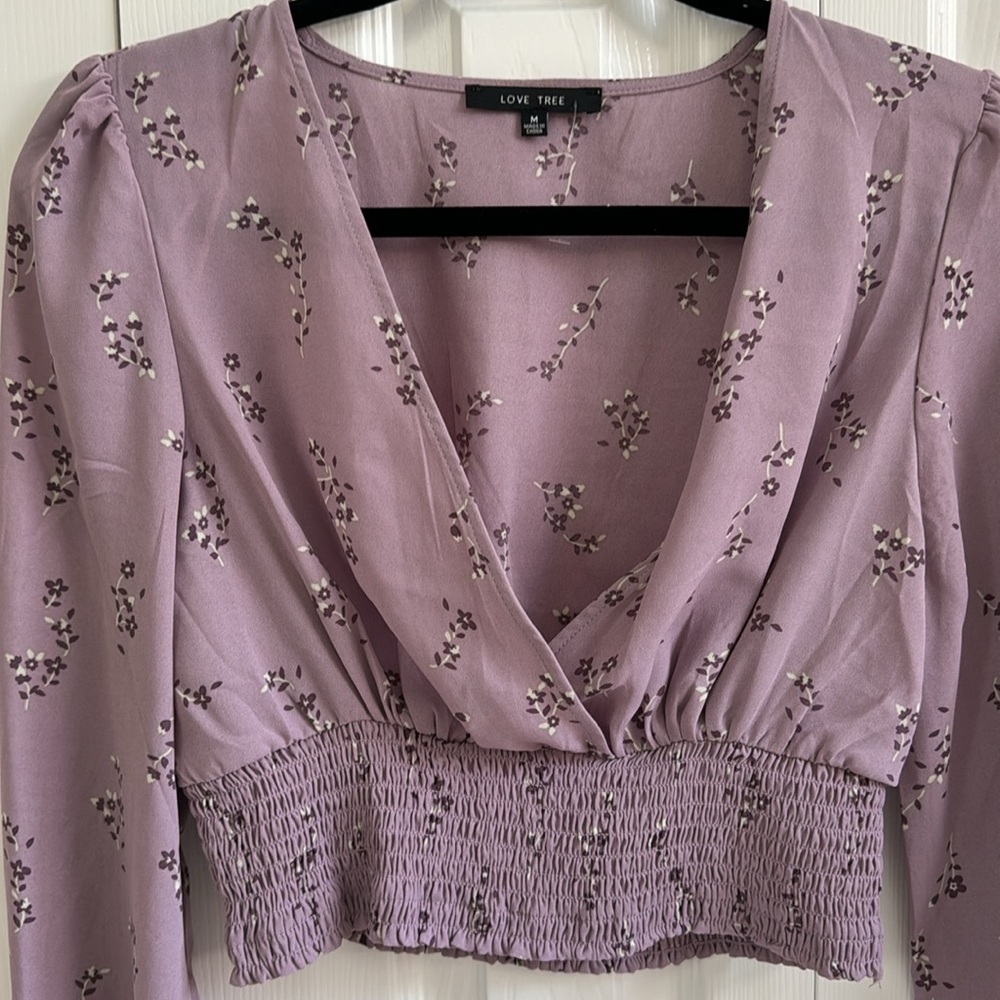 Love Tree Cropped Long Sleeve Purple Floral Blouse - Picture 3 of 3